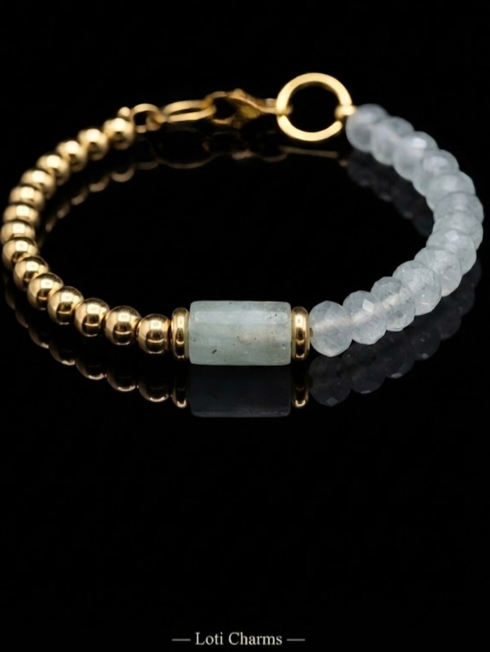Natural Aquamarine & Gold Beads In Half & Half Assymetrical Gold Plated Bracelet